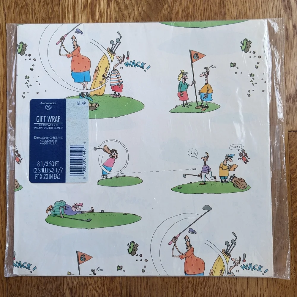Hallmark golf gift wrap made in USA wrapping paper comic cartoon sealed